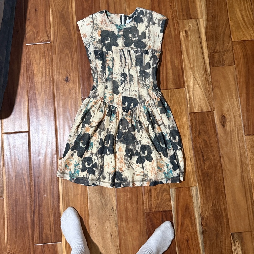 Ganni Floral Print Dress in Black and Cream